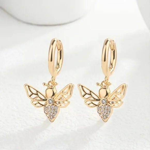 Mini Honey Bee 18K Gold Plated Crystal Hoop Earrings - Picture 1 of 8